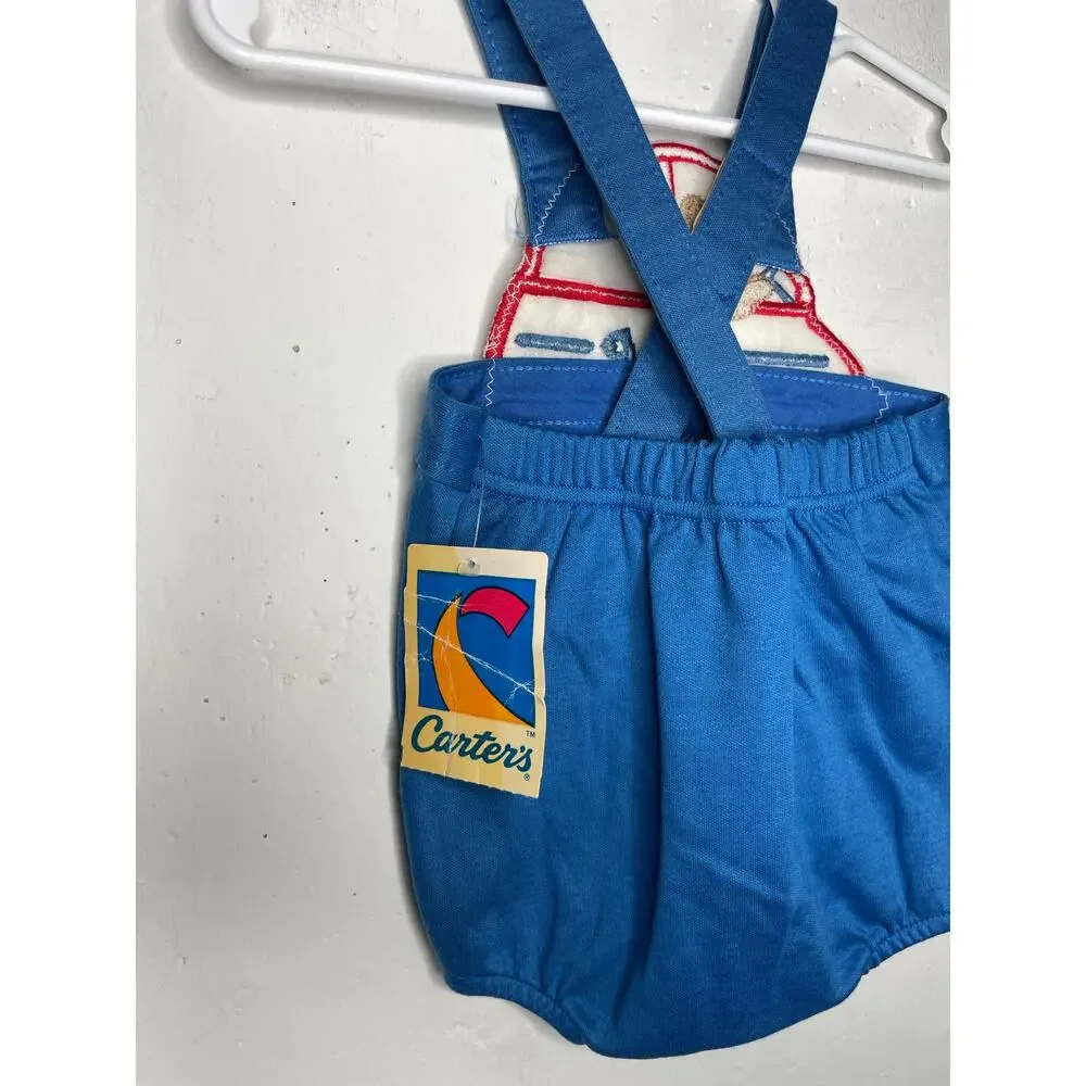 NEW Vintage Carters Teddy Bear in Car Blue Overalls Shortalls Romper Size 18 Mo